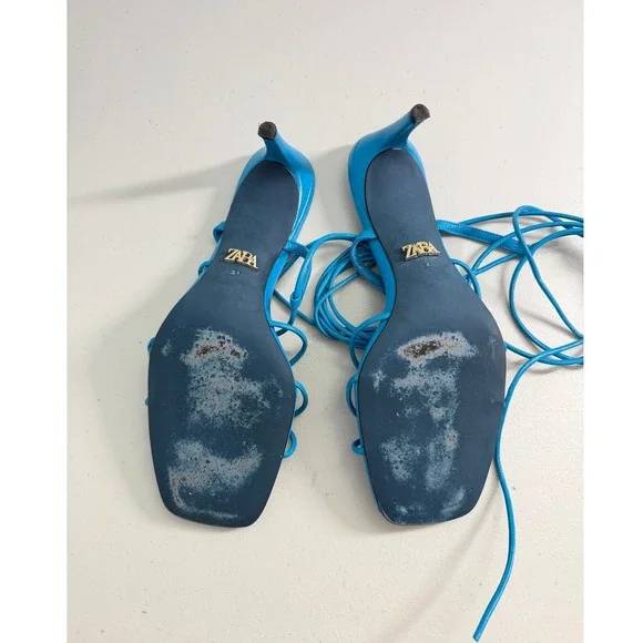 Zara Blue Leather Strappy Lace Up Square Toe Stiletto Heeled Sandals 39 8 - Picture 7 of 9
